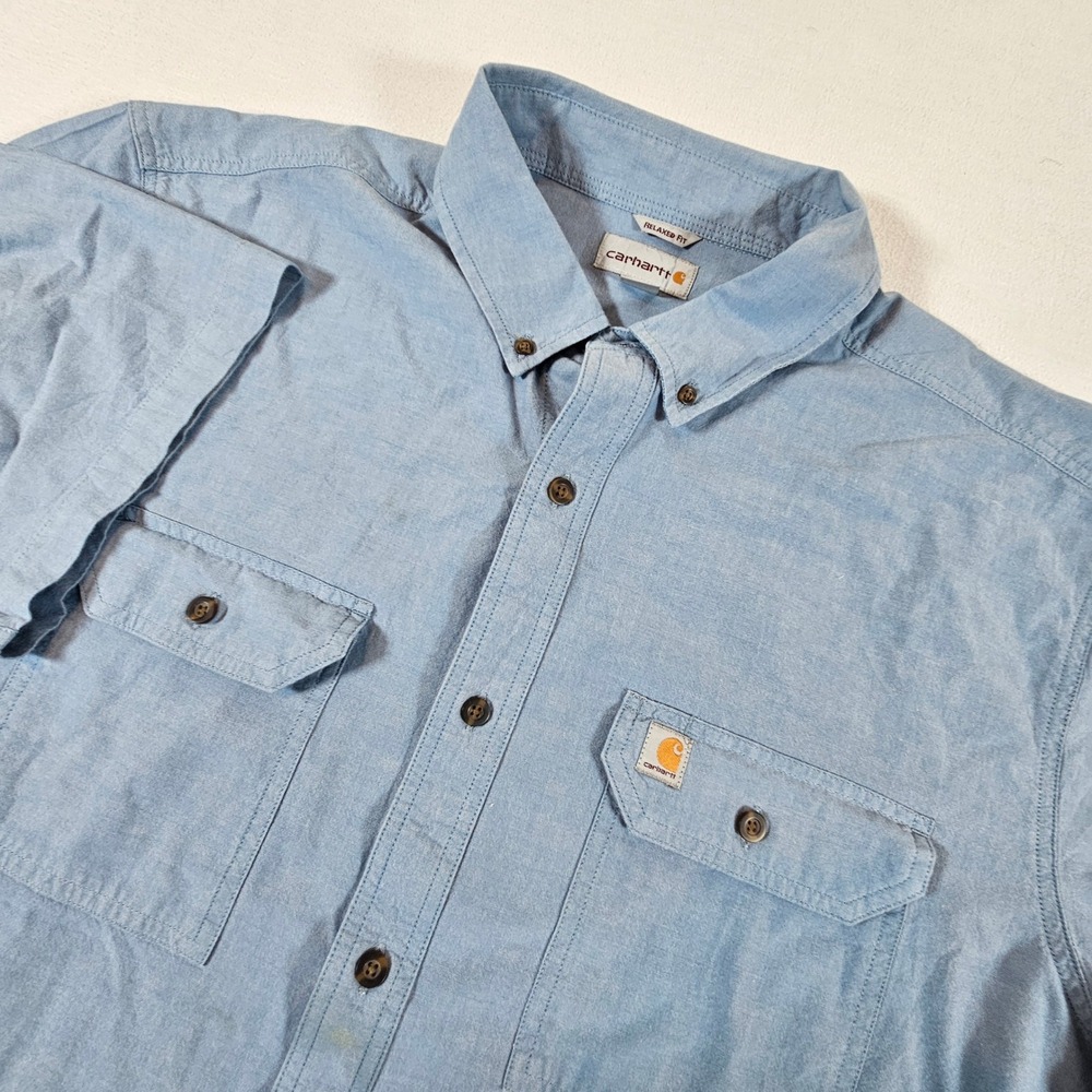 Carhartt Button Down Shirt Mens 2XL Blue Relaxed Fit Chambray Short Sleeve Work